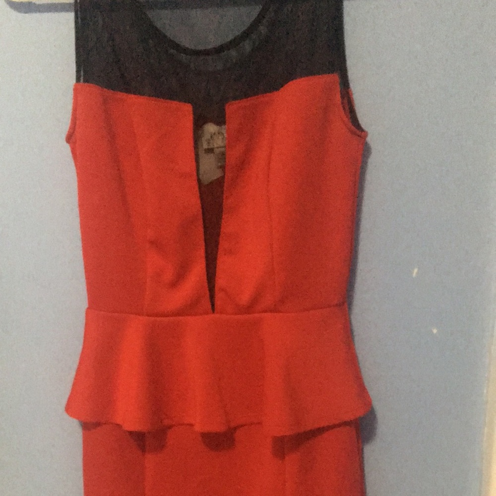 Red bodycon and mesh dress